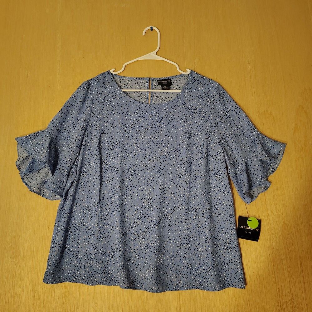 Liz Claiborne Iris Blue Dot Print Blouse W Soft Ruffle Sleeves PXL NWT Women's